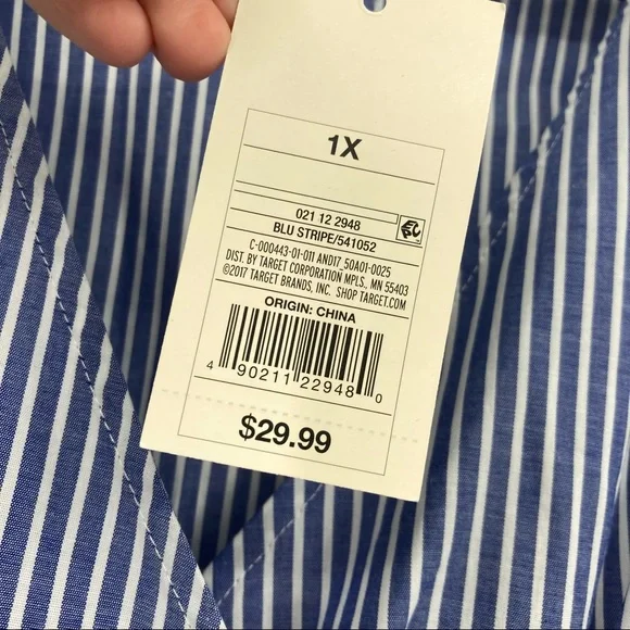 A New Day Pin Stripe Belted Waist Flare Sleeve Wrap Top Dress 1X NEW - Picture 6 of 10